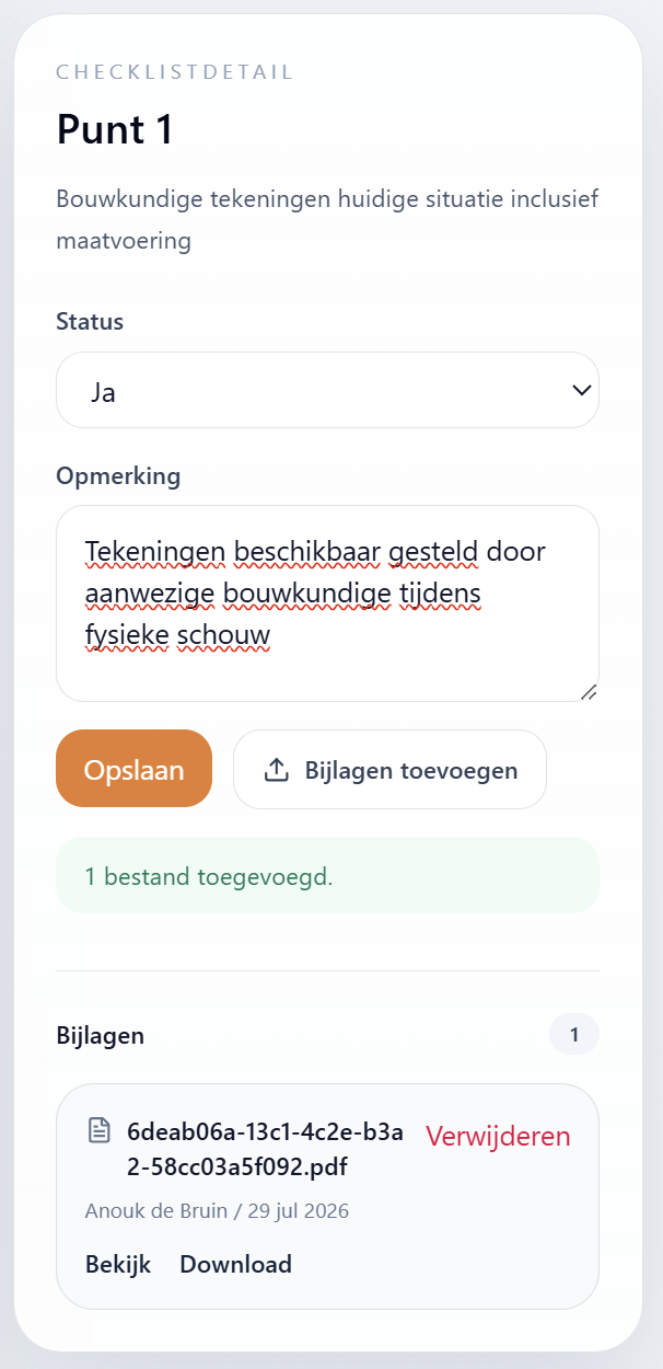 Checklistdetail met status, opmerking en bijlage